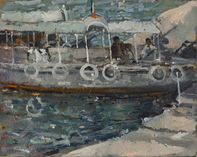 Lot 424 - Tom Coates (b.1941) A harbourside with barge,...