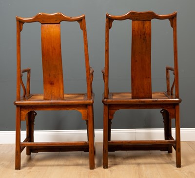 Lot 557 - A pair of antique Chinese elm Officials hat chairs