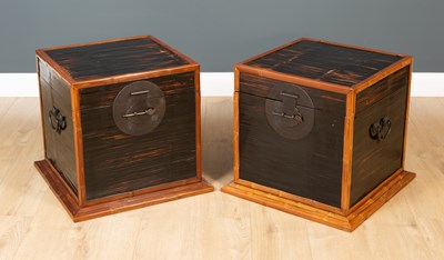 Lot 452 - A pair of Chinese black lacquer and bamboo storage boxes