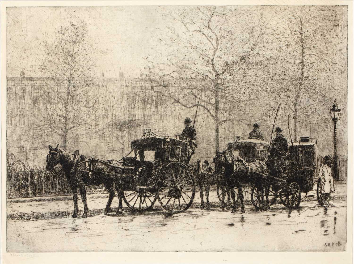 Lot 120 - Alex H Kirk (1871-1950) Hansom cabs waiting in...