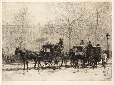 Lot 120 - Alex H Kirk (1871-1950) Hansom cabs waiting in...