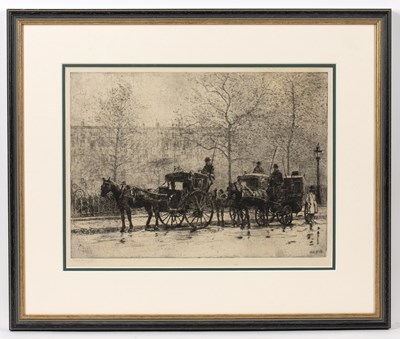 Lot 120 - Alex H Kirk (1871-1950) Hansom cabs waiting in...
