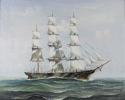 Lot 483 - John Ambrose A three master at sea, signed,...