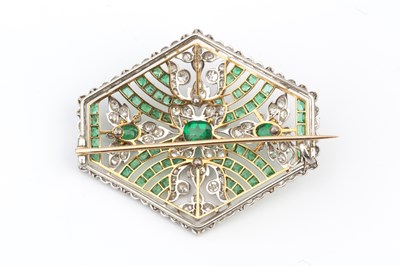 Lot 169 - An emerald and diamond panel brooch, the...