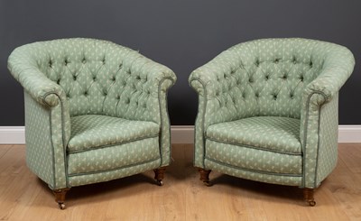 Lot 239 - A pair of green upholstered tub chairs  with...