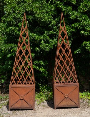 Lot 709 - A pair of steel square planters with trellis...