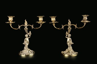 Lot 545 - A pair of silver-gilt figural twin branch...