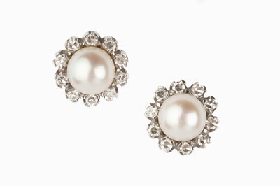 Lot 162 - A pair of cultured pearl and diamond cluster...