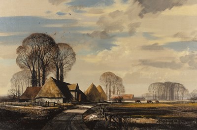 Lot 238 - Rowland Hilder (1905-1993) 'Old barn and...