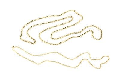 Lot 141 - A yellow precious metal chain, of curb-link...