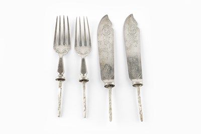 Lot 580 - A set of seven silver fish knives and forks,...