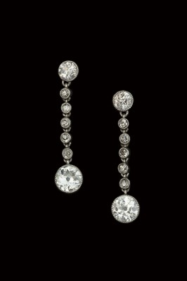 Lot 172 - A pair of diamond ear pendants, each principal...