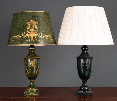 Lot 71 - A green toleware table lamp and shade with...