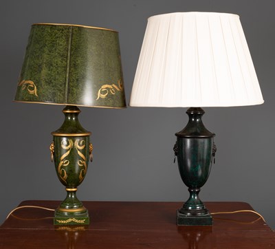 Lot 71 - A green toleware table lamp and shade with...