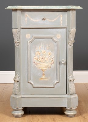 Lot 300 - A grey painted bedside cabinet with faux...