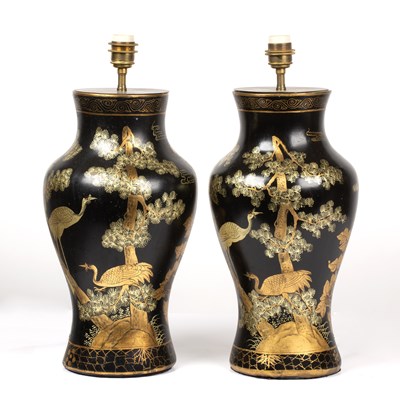 Lot 475 - A pair of black lacquered papier-mache table...