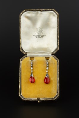 Lot 247 - A pair of fire opal and diamond ear pendants,...