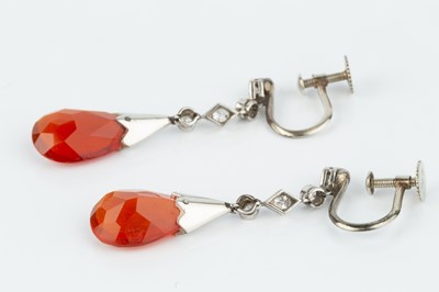 Lot 247 - A pair of fire opal and diamond ear pendants,...