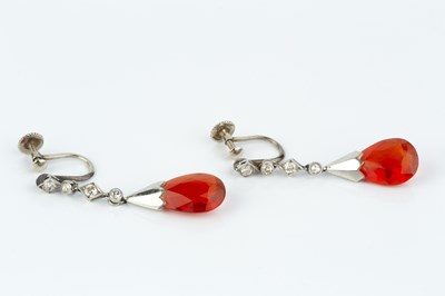 Lot 247 - A pair of fire opal and diamond ear pendants,...