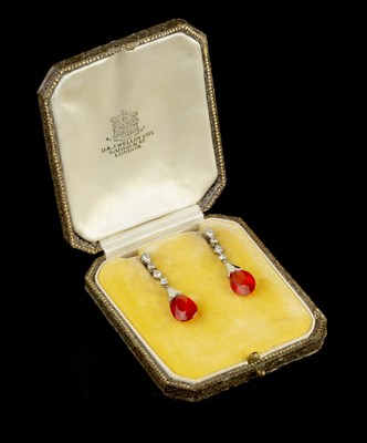 Lot 247 - A pair of fire opal and diamond ear pendants,...