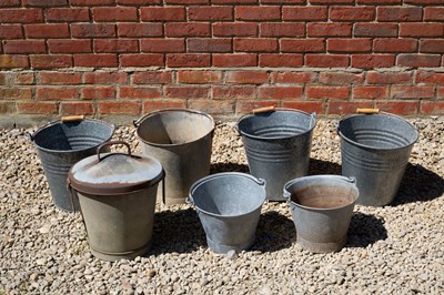 Lot 864 - Seven various galvanized buckets the largest...