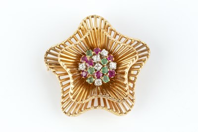 Lot 156 - A ruby, emerald and diamond set panel brooch,...