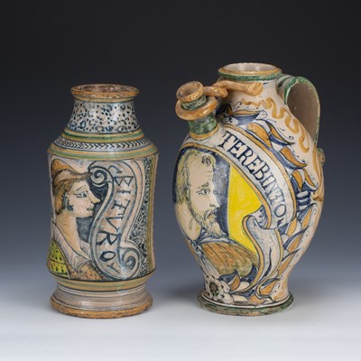 Lot 288 - Montelupo style syrup jar painted with a male...