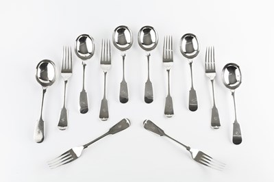 Lot 841 - A set of six silver fiddle pattern table forks,...