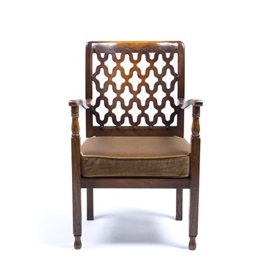 Lot 105 - 20th Century oak lattice back armchair on...