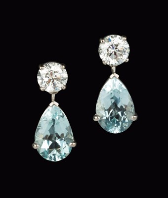 Lot 233 - A pair of aquamarine and diamond ear pendants,...