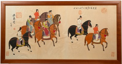 Lot 496 - A decorative Chinese print depicting Horse riders