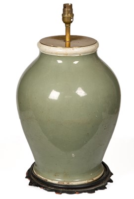 Lot 463 - A celadon coloured glazed table lamp of...