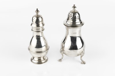 Lot 649 - A silver baluster sugar castor, on shaped legs...