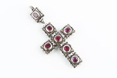 Lot 80 - A ruby and enamel cross pendant, heightened...