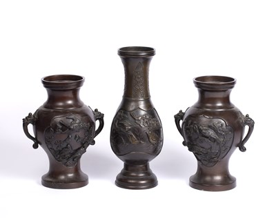 Lot 125 - A pair of Japanese bronze baluster vases with...