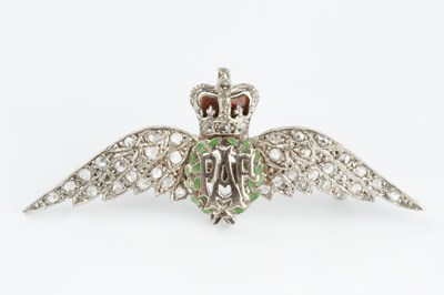 Lot 147 - A diamond and enamel RAF wings brooch,...