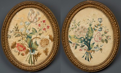 Lot 375 - A pair of Georgian silk embroidered pictures...