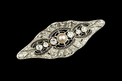 Lot 237 - A diamond and half pearl panel brooch, the...