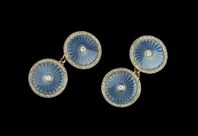 Lot 240 - A pair of enamel and diamond cufflinks, each...