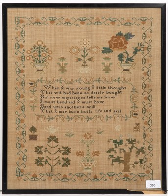 Lot 303 - A needlework sampler, embroidered with a...