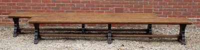 Lot 200 - A pair of Victorian oak long benches with...