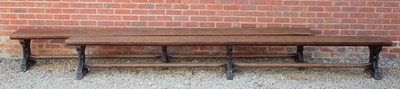 Lot 204 - A pair of Victorian oak long benches with...