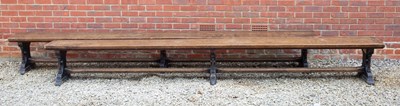 Lot 202 - A pair of Victorian oak long benches with...
