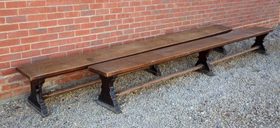 Lot 203 - A near pair of Victorian oak long benches, one...