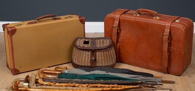 Lot 7 - A wicker fishing creel with leather strap,...