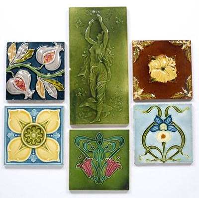 Lot 389 - Collection of six art nouveau tiles including:...