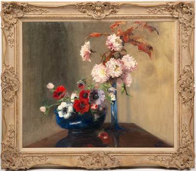 Lot 367 - Still life of flowers in a ceramic bowl and...