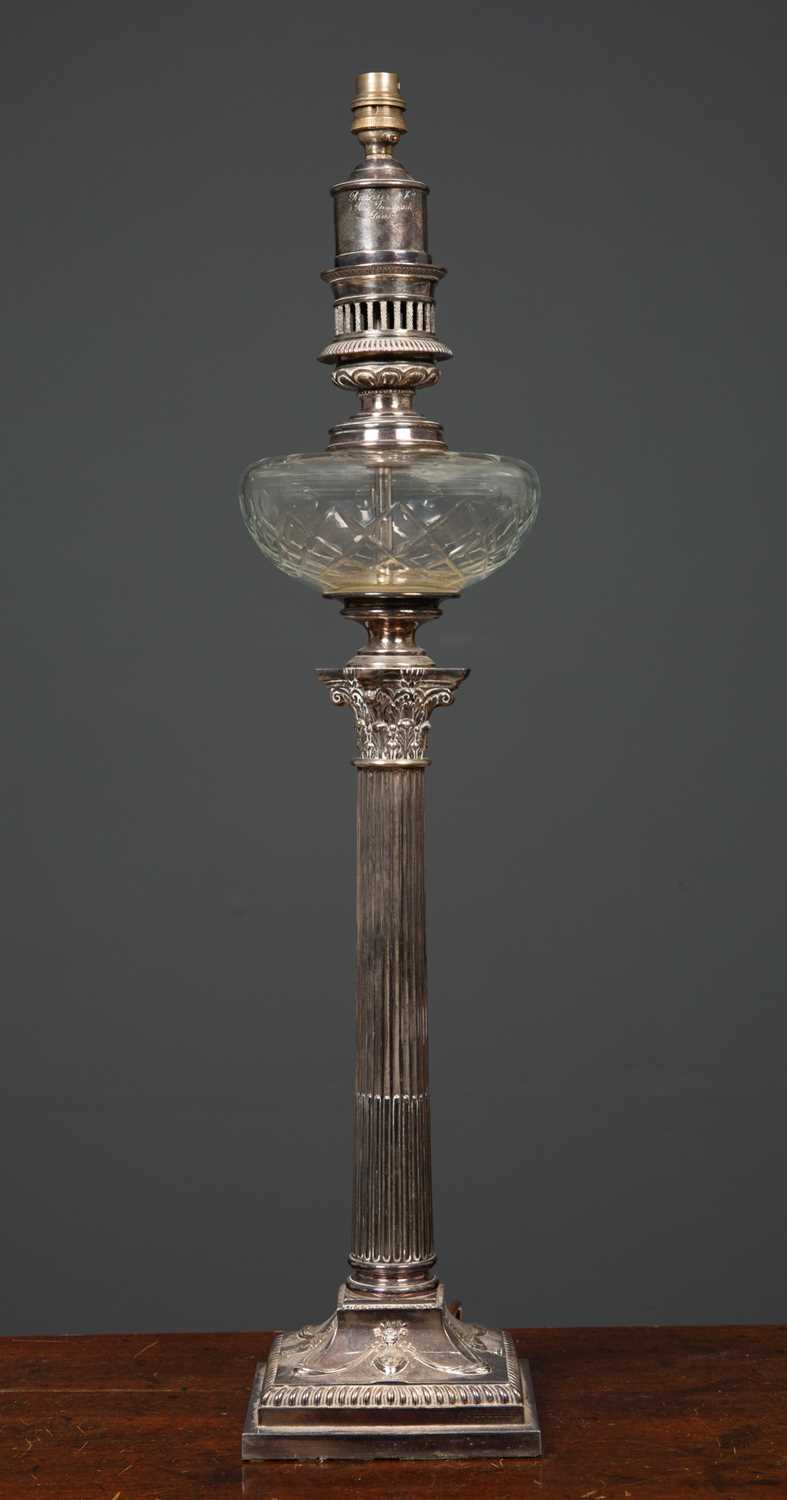 Lot 26 - A Victorian silver plated oil lamp base of...