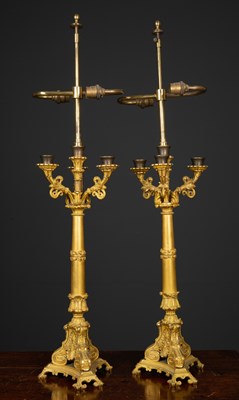 Lot 34 - A pair of table lamps constructed from ormolu...