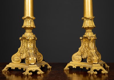 Lot 34 - A pair of table lamps constructed from ormolu...